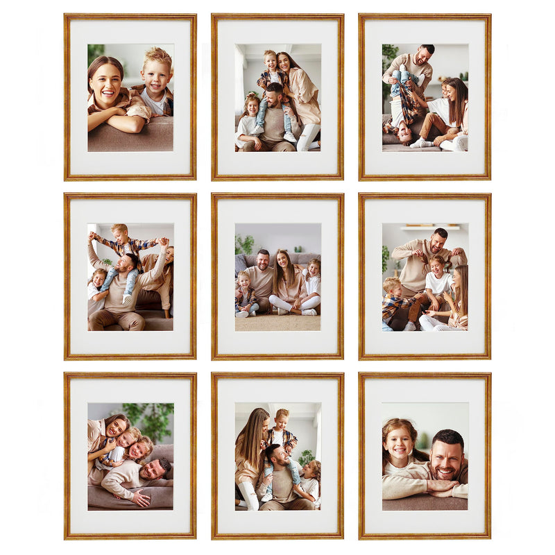 Sheffield Home 9 Piece Gallery Wall Frame Set, 11x14 Inch, Matted to 8x10 Inch, Antique Brass