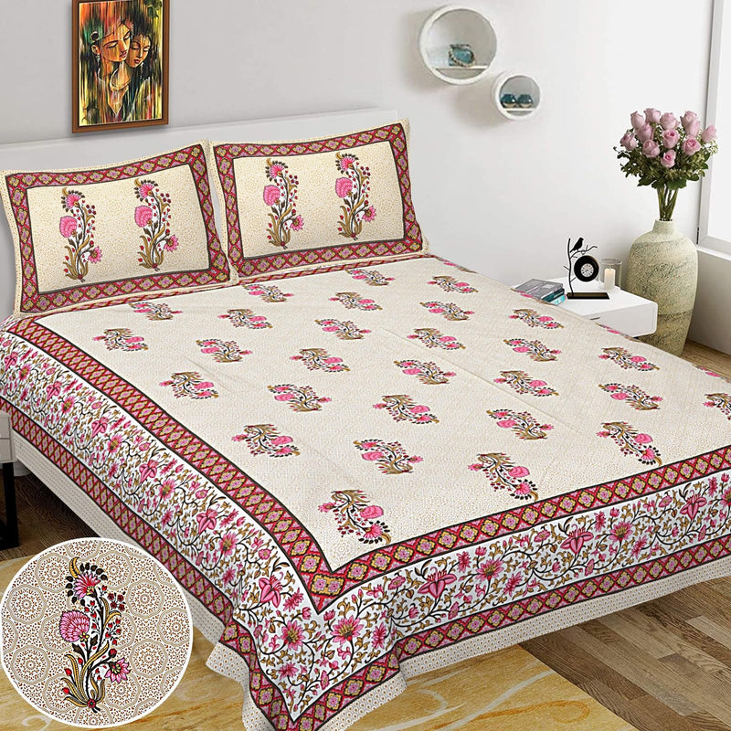 BEST SHEET Pure Cotton Jaipuri Printed 200 TC King Size (93 x 108) Bedsheet with 2 Stiched Pillow Covers (Zipper) DN - 1013 - Pink