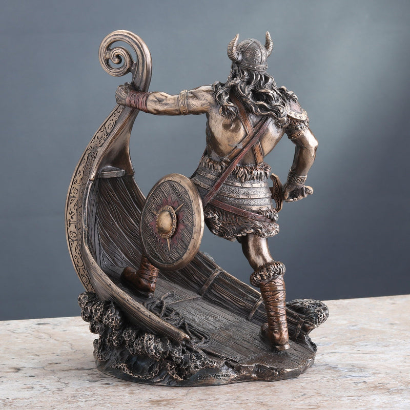 Veronese Design 9.5 Inch Norse Viking Warrior Standing On Long Ship Prow Antique Bronze Finish Statue