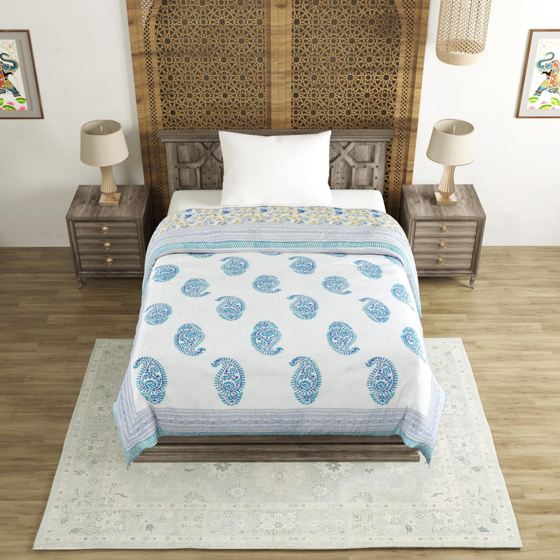 BLOCKS OF INDIA Cotton Single Size Quilt Hand Block Print for Light Winters (60x90 Inches) (Blue JAAL)