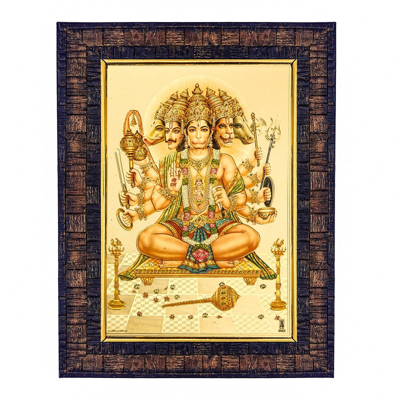 Hawai Panchmukhi Hanuman Bajrangbali Religious Gold Plated Engineered Wood Wall Hanging Photo frame 14x10 inch BLKFRM448