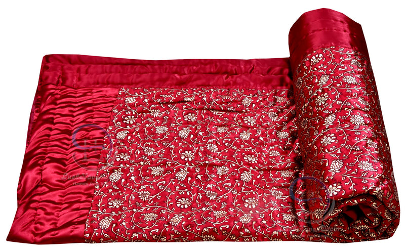 LushHavenDecor Rajasthani Cotton Filled Light Weight Silk Single Bed Jaipuri Razai AC Quilt Dohar Floral Print Design with Gold Print Quilts Blankets (Size 55X85 inch) - Red