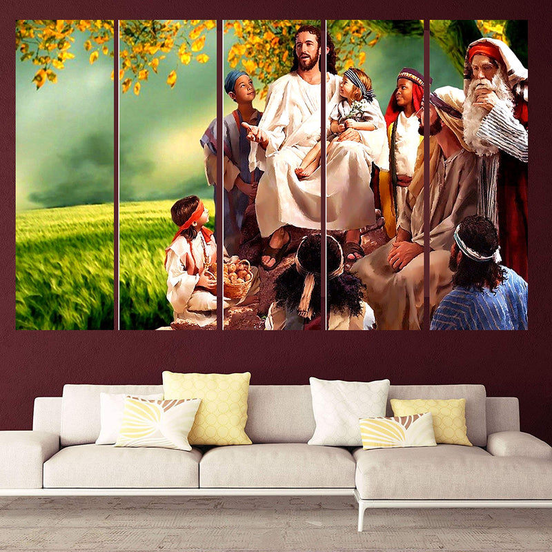 KYARA ARTS Multiple Frames, Beautiful Jesus with Child, Jesus Wall Painting for Living Room, Bedroom, Office, Hotels, Drawing Room Wooden Framed Digital Painting (76cmx148cm)