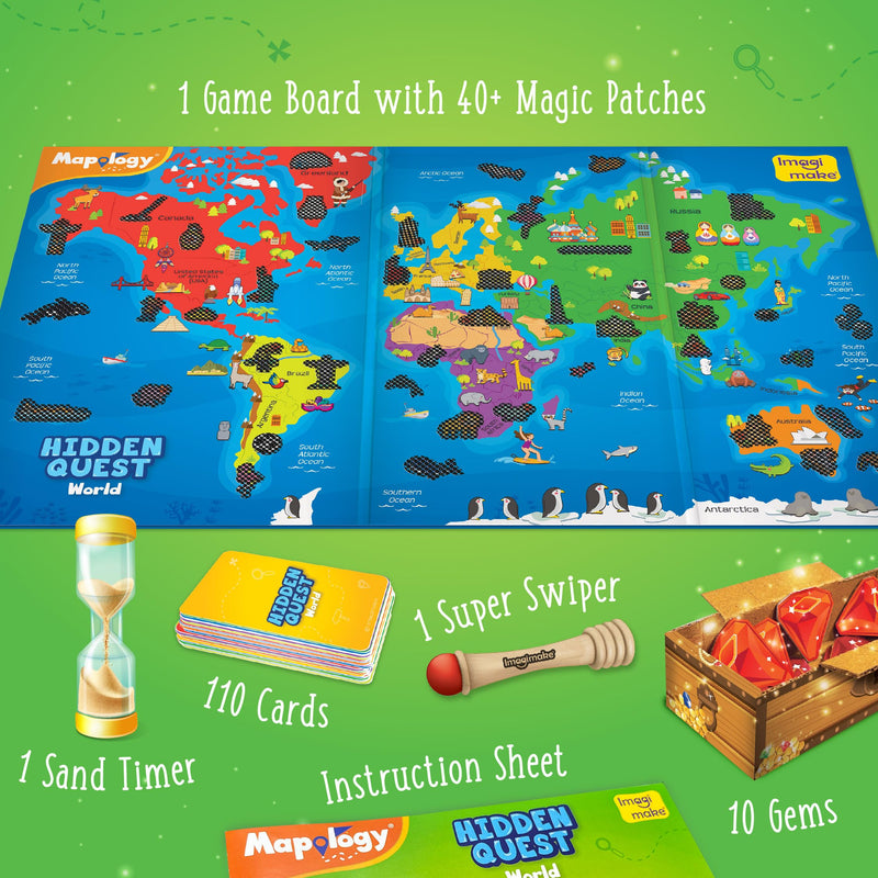 Imagimake Mapology Hidden Quest World Map Board Games for Kids | Magical Swipe & Reveal | Educational Toys for Kids 5 Years | Kids Toys for Boys & Girls | Card Games | Birthday Gift for Girls & Boys