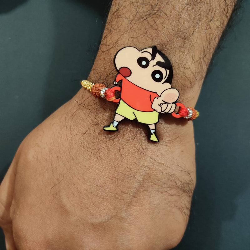 Bhai Please Shinchan Wooden Rakhi with Brother is Superhero Fridge Magnet (Gift Combo for Bhai/Bhaiya) | Set of 1 pc Rakhi with Roli- Chawal and Fridge Magnet | With Raksha Bandhan Greetings