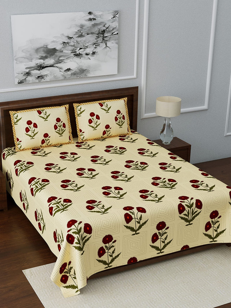 Living Roots Ethnic Rajasthani/Jaipuri/Sanganeri Katha Print 100% Cotton Super King Size 108 * 108 Bedsheet with 2 Pillow Covers (79A)