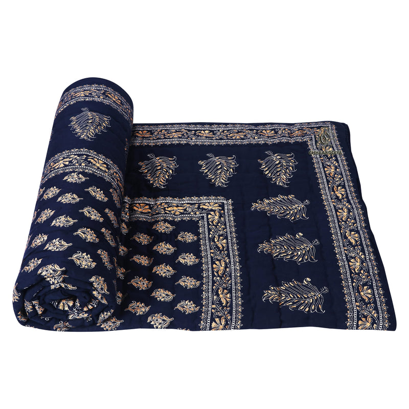 LILFLY Jaipuri Rajasthani Traditional Pure Cotton Single Bed Soft Jaipuri AC/Winter Quilt/Razai. (55 X 85 inch Stitch Including, Set of 1, Reversible, Lightweight) (BOOTI-1-DARK Blue)