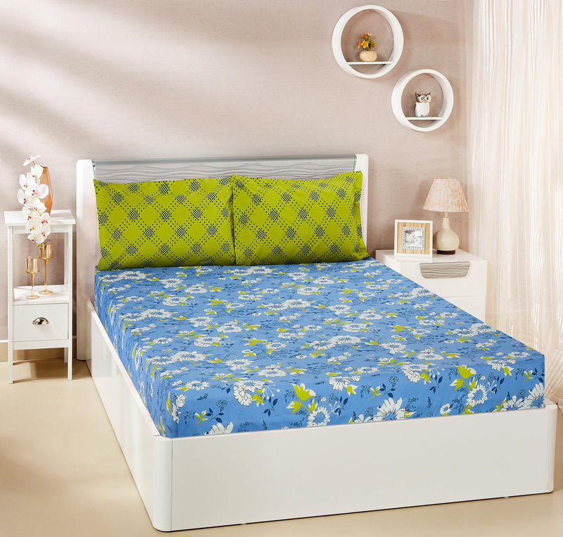 Amazon Brand - Solimo Floral Repose 144 TC 100% Cotton Double Bedsheet with Two Pillow Covers, Soft and Smooth (Floral, Blue and Green)