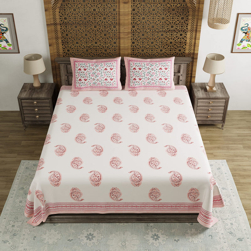 BLOCKS OF INDIA Hand Block Printed 200 TC Cotton King Size Bedsheet (Pink Paisley)