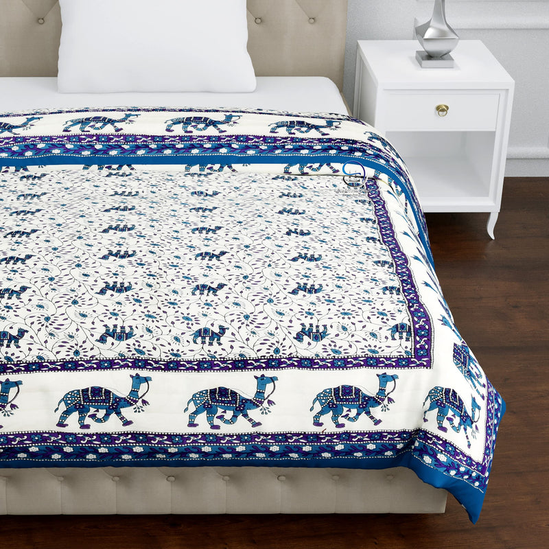 THROWS HOME DECOR Rajasthani Traditional Cotton Jaipuri razai rajai ac Blanket Blue Camel Animal Print with Floral Design Single Bed Jaipuri Quilt 55 x 85 inch ( Blue ) Reversible ( Both Sided )