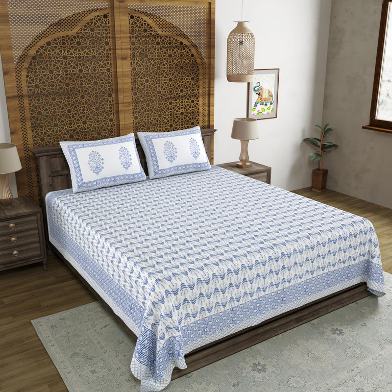 BLOCKS OF INDIA Hand Block Printed 200 TC Cotton King Size Bedsheet (Blue Leaf)