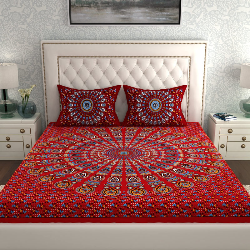 La Verne104 TC 100% Cotton Jaipuri Rjasathani Hand Print Bedsheet with 2 Pillow Covers (Red)