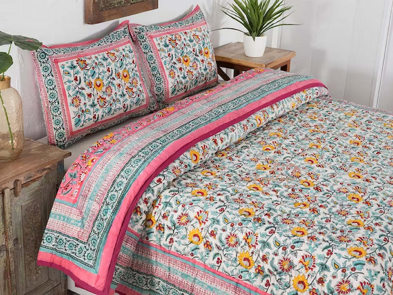 FEELRAX Jaipuri Razai Rajsthani Traditional Reversible Red Flower Block Printed Lightweight Pure Cotton Winter and Summer Jaipuri Ac Quilt Razai/Rajai/Blanket/Comforter (Double Bed 90 X 108 INCHES)