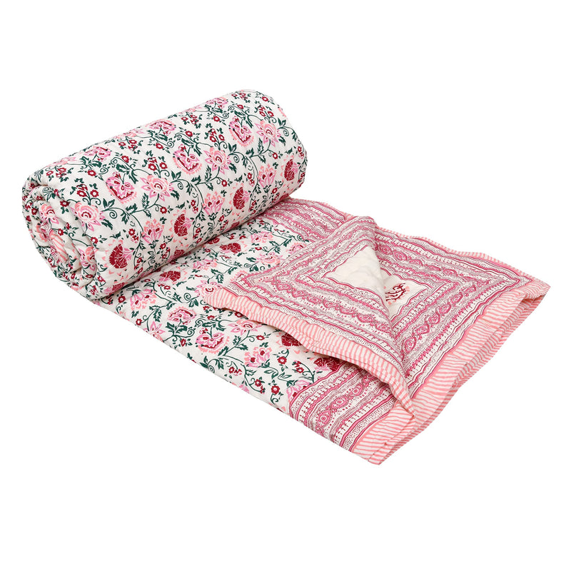 BLOCKS OF INDIA Hand Block Printed Cotton King Size Quilt/Rajai (90 Inch X 108 Inch) (Pink Jaal) (Reversible, Breathable),300 TC