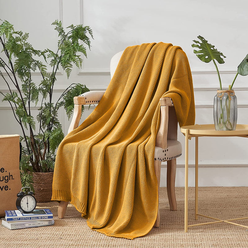 Cazimo Soft 100% Cotton Knitted Throw Blanket - 50 x 60 inches, Yellow