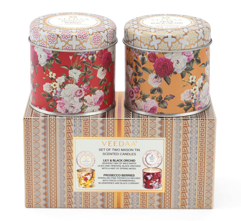 VEEDAA Scented Candles Duo Gift Set 600 gm | Lily Black Orchid and Prosecco Berries | 300 gm Each, Soy Wax Eco Friendly