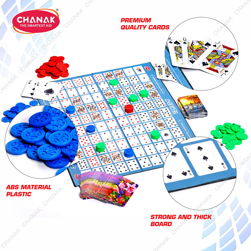 Chanak Make A Sequent Board Game, Sequence Board Game, Strategy & Logic Challenging Game with Foldable Board, Plastic Chips & Cards, for Kids Above 7 Years (BIS Approved).