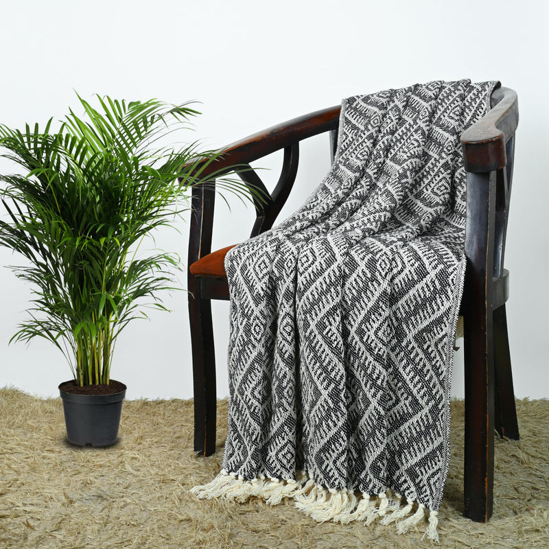 Stitch weave 100% Cotton Geometric Blanket Throw with Fringe for Chair | Couch | Picnic | Camping | Beach & Keep Cozy with Everyday Use, 50 x 60 Inches, Black