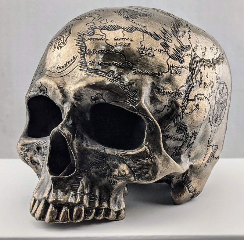 Veronese Design Bronze Finish Craniumography Old Treasure Map On Skull Statue