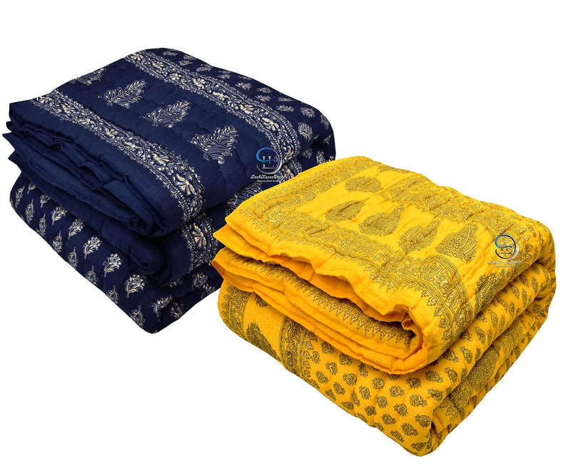 LushHavenDecor Single Bed Jaipuri Cotton Bed Blanket Ac Quilt for Winter and Summer Soft Light Weight Rajasthani Traditional Cotton Comforter 85 x 55 inch Blue and Yellow, Pack of 2