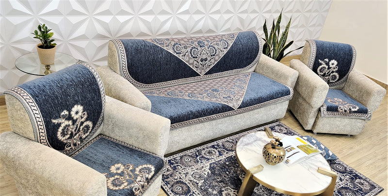 KREEVA Velvet Chenille Sofa Cover | for 5 Seater (3+1+1) Sofa | (Florida Grey_4, 6 Piece Set) | Sofa Slipcovers