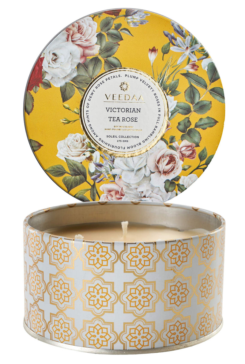 VEEDAA Victorian Tea Rose 3 Wick Tin Soy Scented Candle (Burns 40 hours)