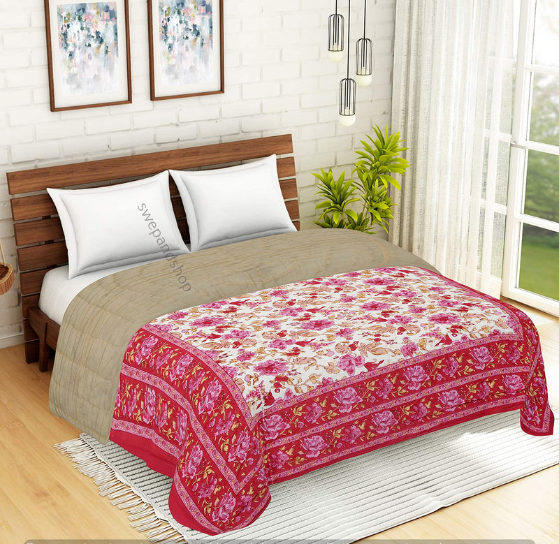 FABDESIGN QUILTS 300 TC Single Bed Pink Jaipuri Razai Organic Pure Cotton Jaipuri rajai Ac Quilt for Winter Soft Light Weight Rajasthani Traditional Cotton Razai (55 x 85 inch)