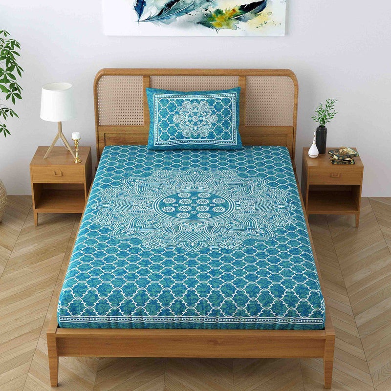 Colorish 120 TC Cotton Blend Mandala Jaipuri Printed Bedsheet for Single Bed with 1 Pillow Cover, Sea Green