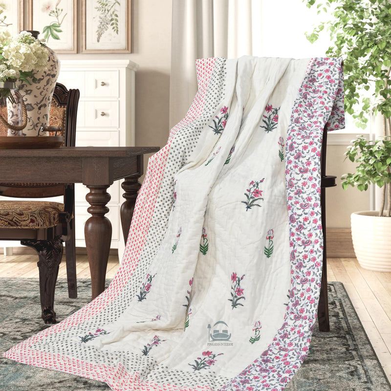 PINAARAS INTERIORS 300 TC Double Bed Jaipuri Razai Organic Pure Cotton Jaipuri rajai Ac Quilt for All Season Soft Lightweight Rajasthani Traditional Cotton Comforter - Pink Flowers