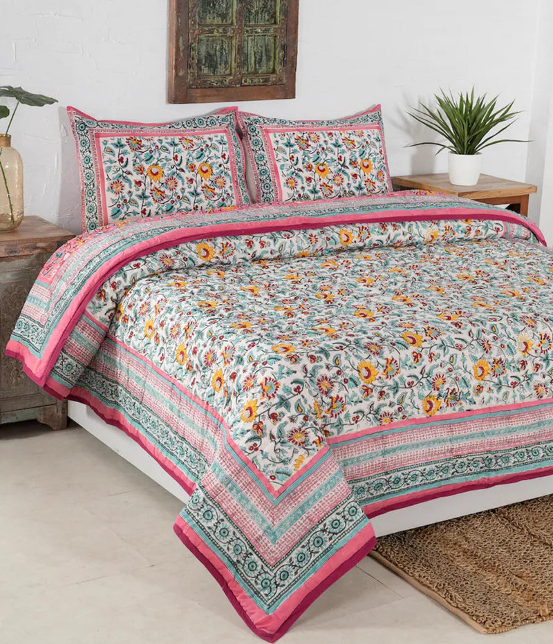 FEELRAX Jaipuri Razai Rajsthani Traditional Reversible Red Flower Block Printed Lightweight Pure Cotton Winter and Summer Jaipuri Ac Quilt Razai/Rajai/Blanket/Comforter (Double Bed 90 X 108 INCHES)