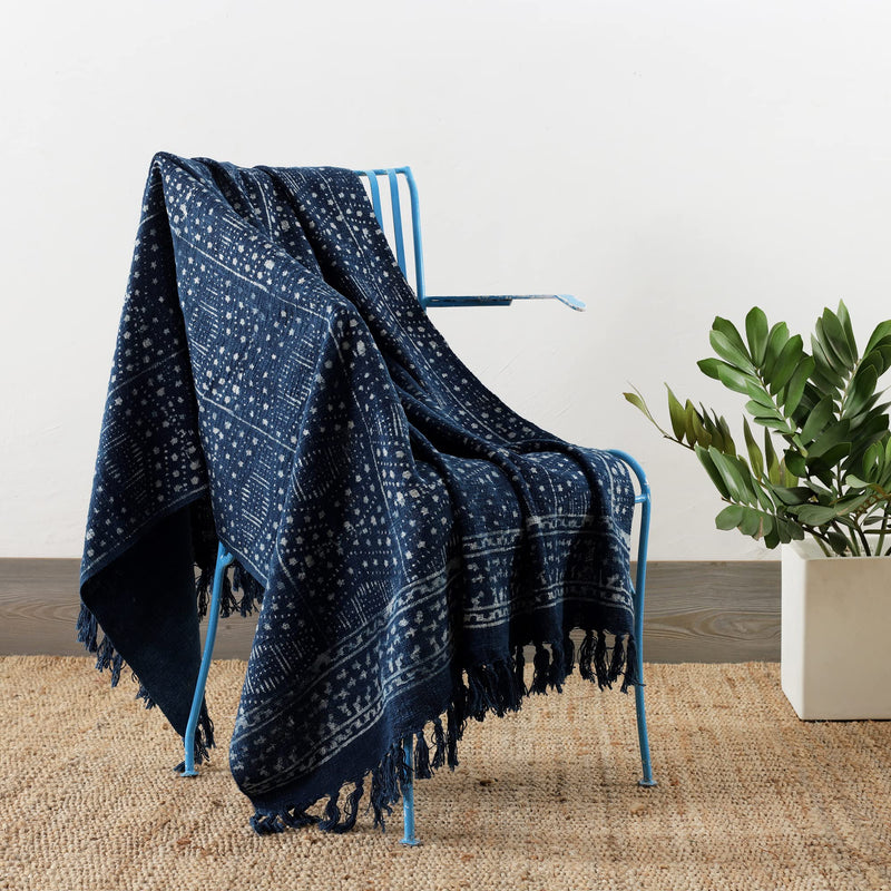 Ravaiyaa - Attitude is everything Hand Block Printed Handmade Sofa & Couch Throw Handloom Cotton Throw Home Decor Bedding Blanket (Indigo Blue Abstract Ikat)