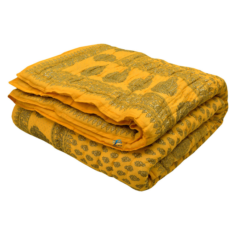 Woodsy Jaipuri Razai Rajasthani Traditional Double Bed Pure Cotton Winter and Summer Rajai (Yellow)