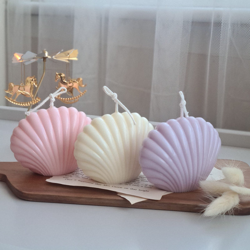 THE UMBRELLA STORE Sea Shell Candle Set of 3, Unscented, 100% Soy Wax-Pink, White and Lavender