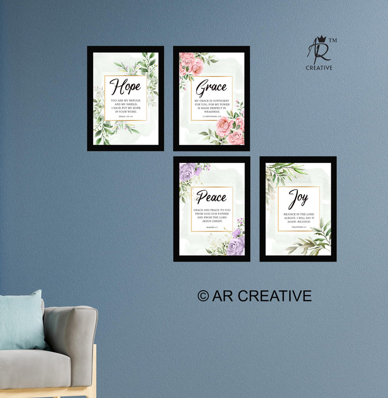 AR Creative HOPE, GRACE, PEACE, JOY - Bible Verse Wall Art, Bible Quotes Print with Frame, Home, Office Decor, Bible Quotes Poster (13.6 inch x 10.2 inch), Set of 4