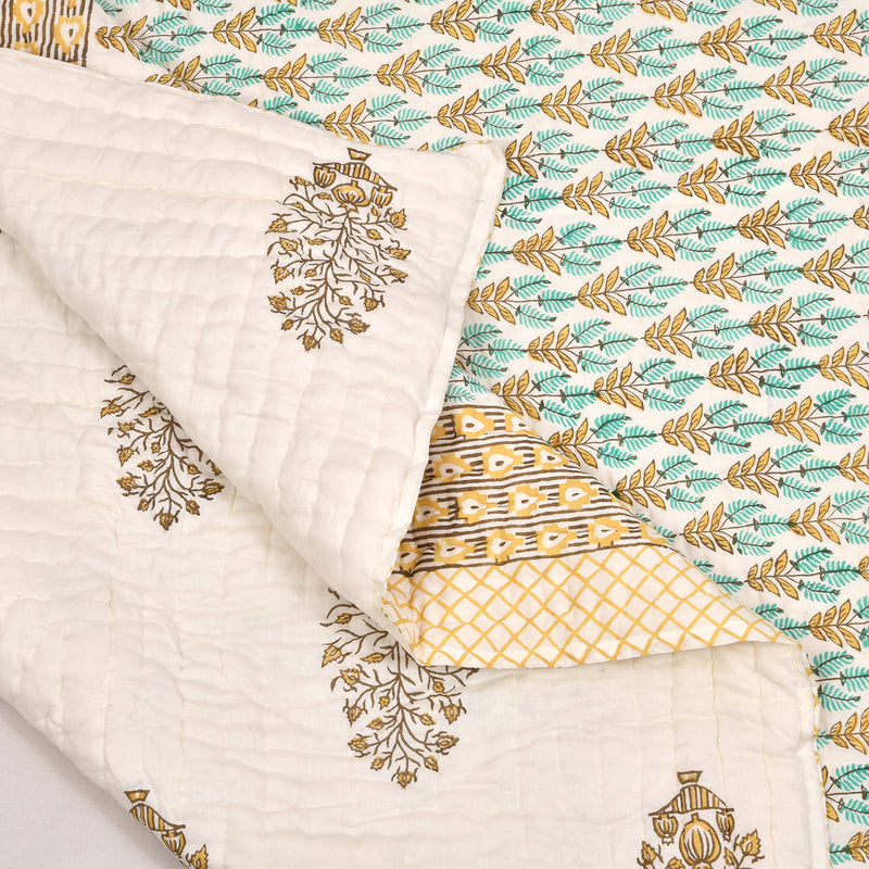 BLOCKS OF INDIA Hand Block Printed Cotton King Size Quilt/Rajai (90 Inch X 108 Inch, Brown Buta), Skin Friendly, 300 TC