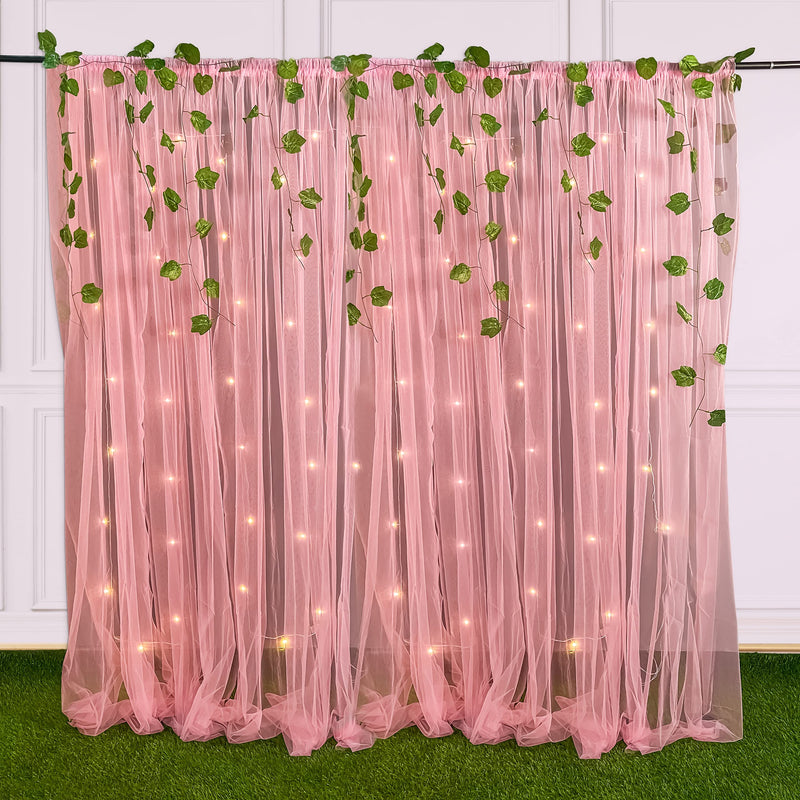 SpecialYou Ganpati Decoration Items for Home Pink Sheer Net Curtain for ganpati Decoration Background with Artificial Green Vines & Fairy Light for Ganesh chaturthi Decoration Items- 10 Items