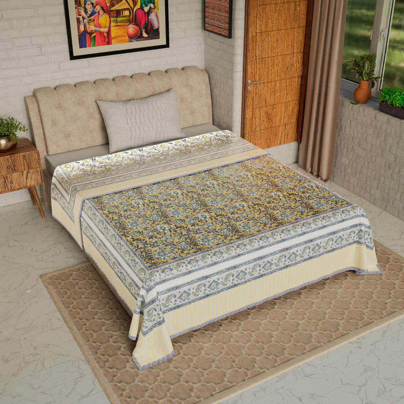 Jaipur Dohar Pure Cotton Dohar (Slim Quilt), Block Print Single Bed Blanket (Winter / All Seasons dohar) Reversible Traditional Rajasthani Cotton Blanket , Size 60" x 90" (Quilt Comforter Blanket Dohar)(Green Blue Yellow Floral)