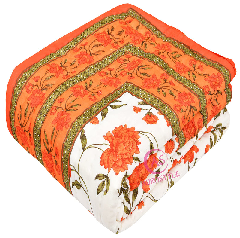 AUROSTYLE 400 TC Pure Cotton Double Bed Soft Jaipuri AC Quilt/Razai/Rajai Floral Print,Jaipuri razai Double Bed for Winter Printed,(White & Orange, 85 x 100 inch, Double Bed)