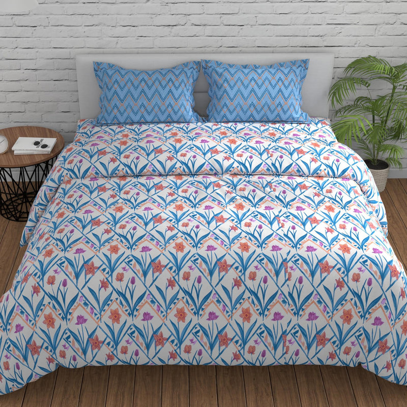 Huesland by Ahmedabad Cotton 144 TC Bedsheet for King Size Bed with 2 Pillow Covers | Botanical Chevron | 108 by 108 inch | Blue, Yellow & White