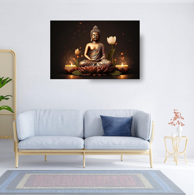 WALLMAX Wood Premium Lord Buddha Canvas Wall Art Painting For Home Living Room|Wall Decor Arts Set Of 1-(Large-32' Inch X 21' Inch), With Frame