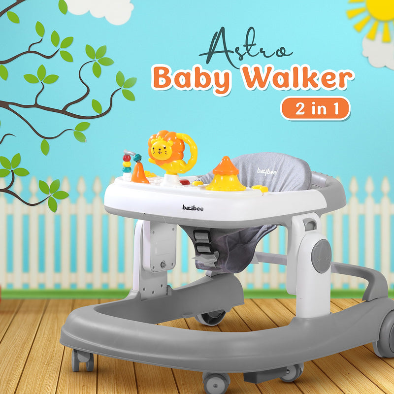 Baybee Astro 2 in 1 Baby Walker with 3 Adjustable Height & Wheel Lock | Round Activity Push Walker for Baby with Musical Toy Bar | 6-18months Kids Boy Girl (Grey)