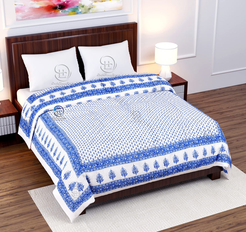 HASHIREX 300 TC Double Bed Jaipuri Razai Organic Pure Cotton Jaipuri rajai Ac Quilt for Winter and Summer Soft Light Weight Rajasthani Traditional Cotton Comforter 85 x 100 inch, Blue