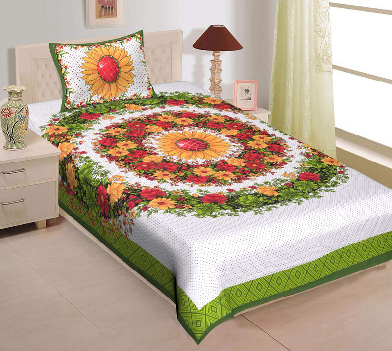 UNIBLISS 100% Cotton Comfort Rajasthani Jaipuri Traditional Single Bed Sheet with One Pillow Cover - (Green_085)