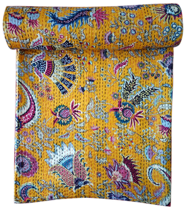 Kirti Textile and Handicraft Jaipuri Kantha Quilt Bird Print Handmade Cotton Bedsheet/Blanket Throw, Multicolour