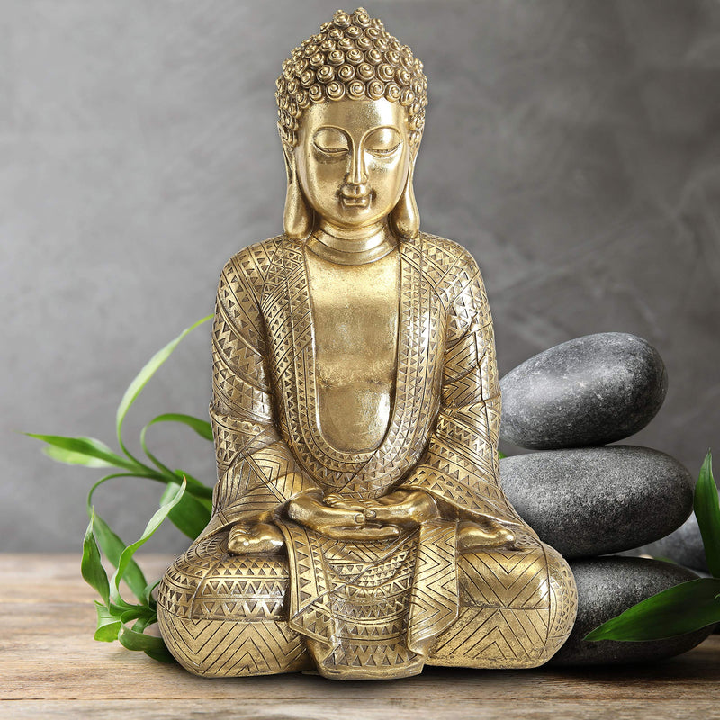 WHW Whole House Worlds Big Golden Temple Buddha 15.25 Inch Tall Figure of Seated Padmasana Buddha, Museum Quality Sculpture, Reproduction Art from The Serenity Collection