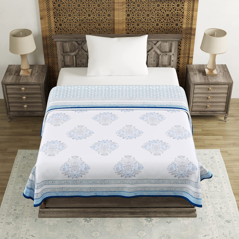 Blocks of India Summer Single Size (60 x 90 Inches) Reversible Hand Block Printed Malmal 100% Cotton Dohar (Blue Buta)