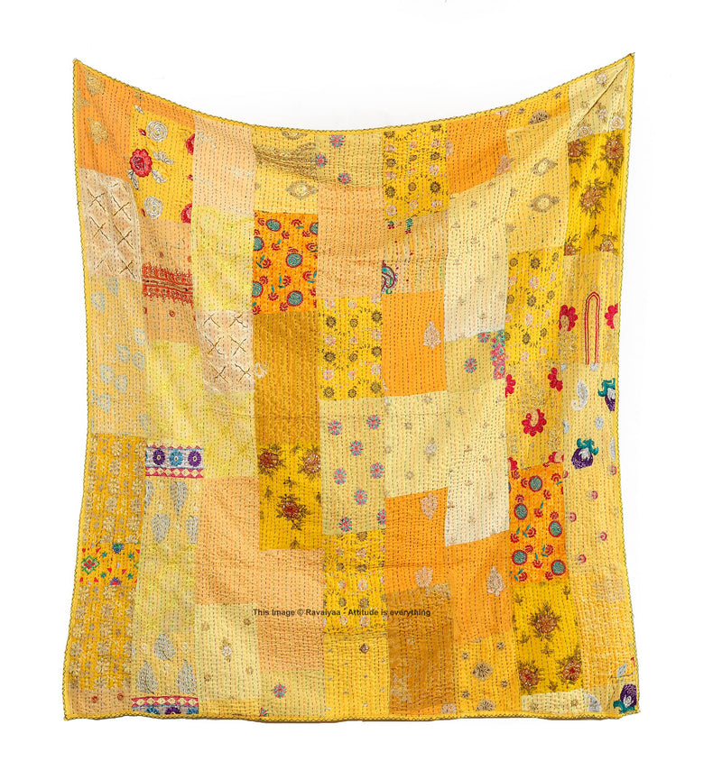 Ravaiyaa - Attitude is everything Khambadiya Silk Patchwork Throw Blanket Sofa Cover Couch Throw Decorative 52" X 64" Inch (Yellow)