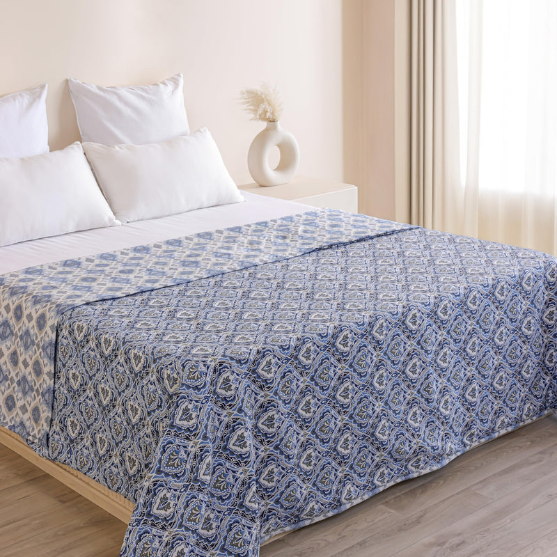 HOMEMONDE Dohar Single Bed Breathable 100% Cotton AC Blanket 54 x 84 Inch Geometric Printed Lightweight Blanket for All Season - (Blue & White, 137 x 213 CM)