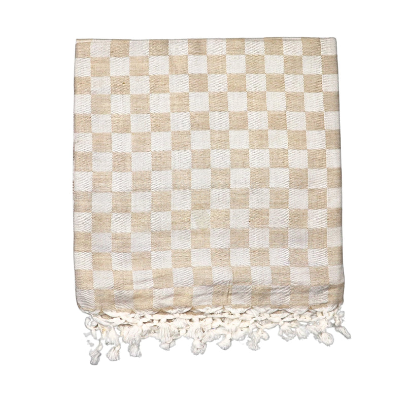 Gorakhpur Handloom House Handwoven Checkered Cotton Throw with Tassels,250 x 140 cm, Beige and White