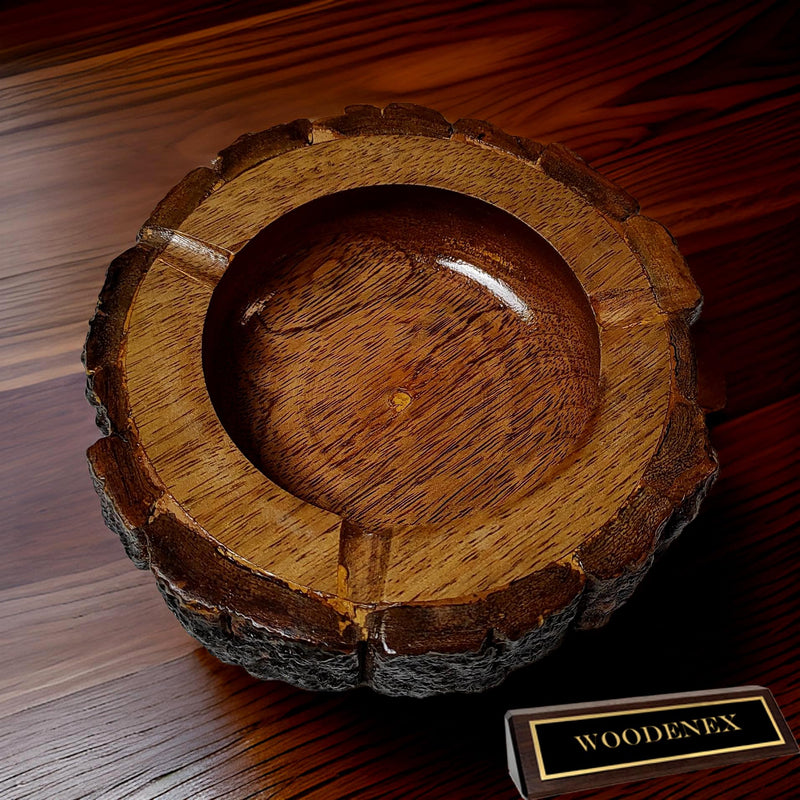Woodenex Rustic Natural Wood Ashtray, Handcrafted Tree Trunk Decorative Ash tray, Dark Brown, Wooden Bark Natural Antique Ash catcher